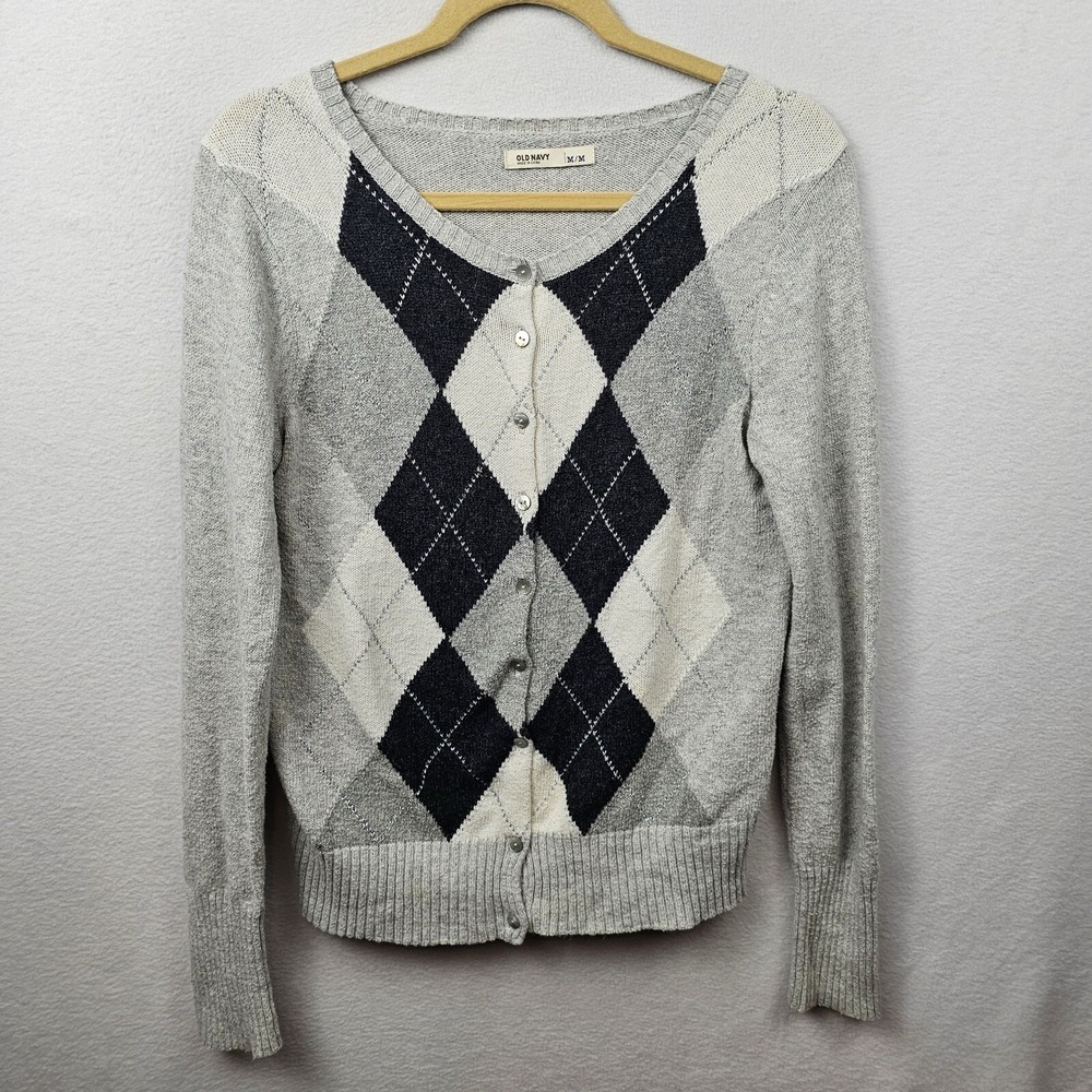 Old Navy Sweater Woman's Size Medium Beige Gray Black Long Sleeve Button Up
